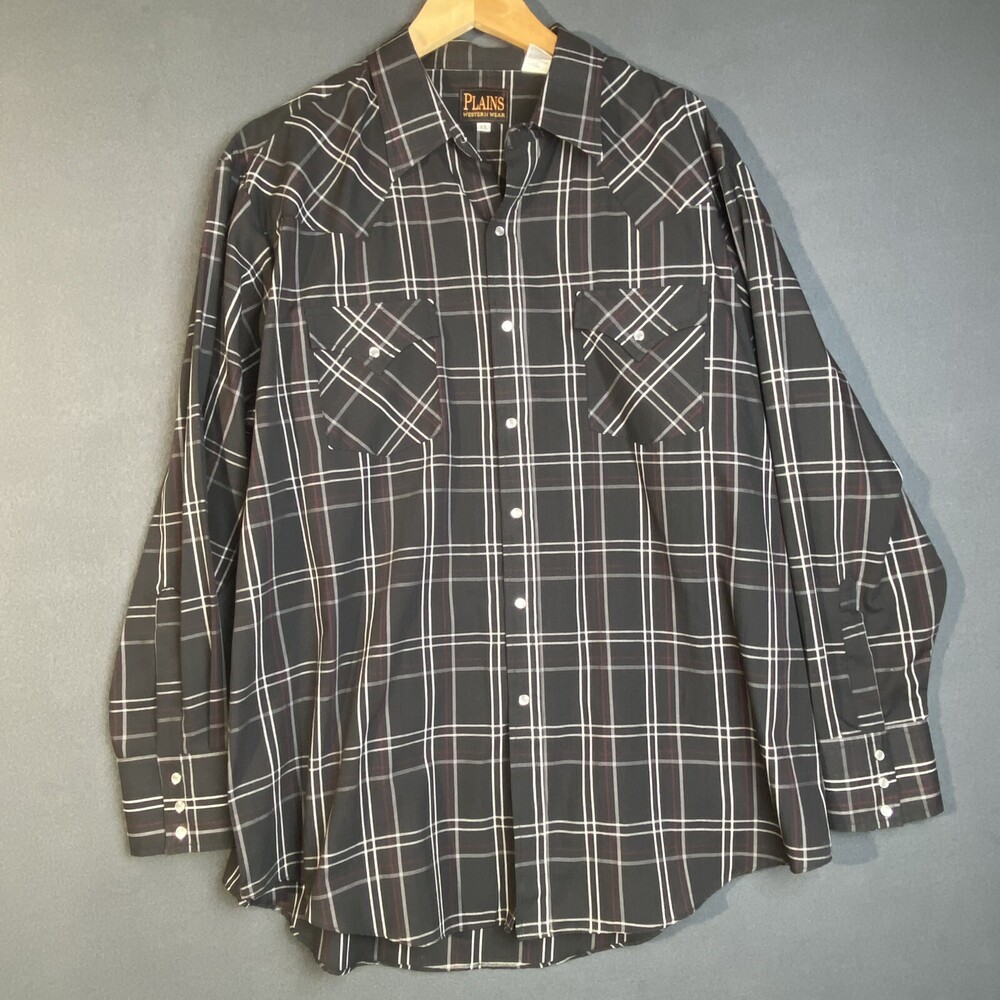 Plains Western Wear Snap Button Long Sleeve Shirt Men's XL Black Plaid